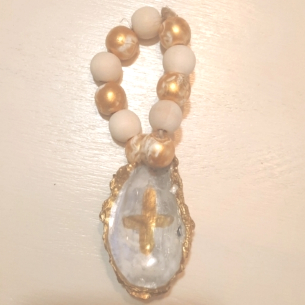 Prayer Beaded Oyster Shell With Cross Accent - Coastal Decor